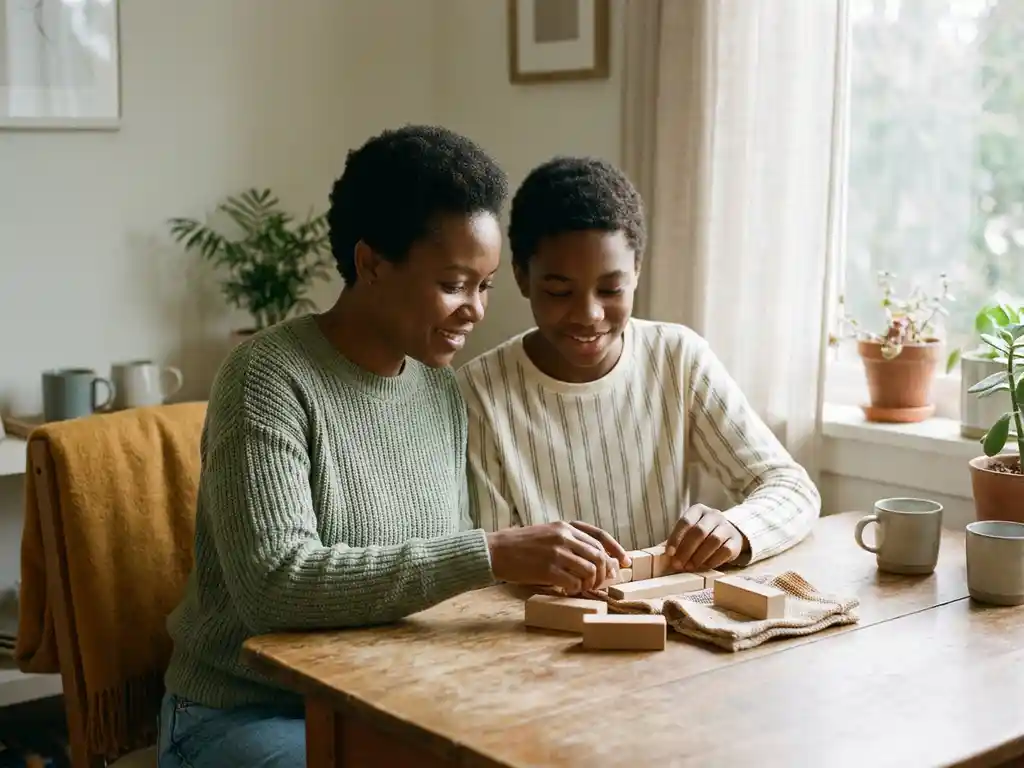 Ondersteuningswerker en jongere aan houten tafel met tactiele objecten in een warme, rustige zorgruimte.