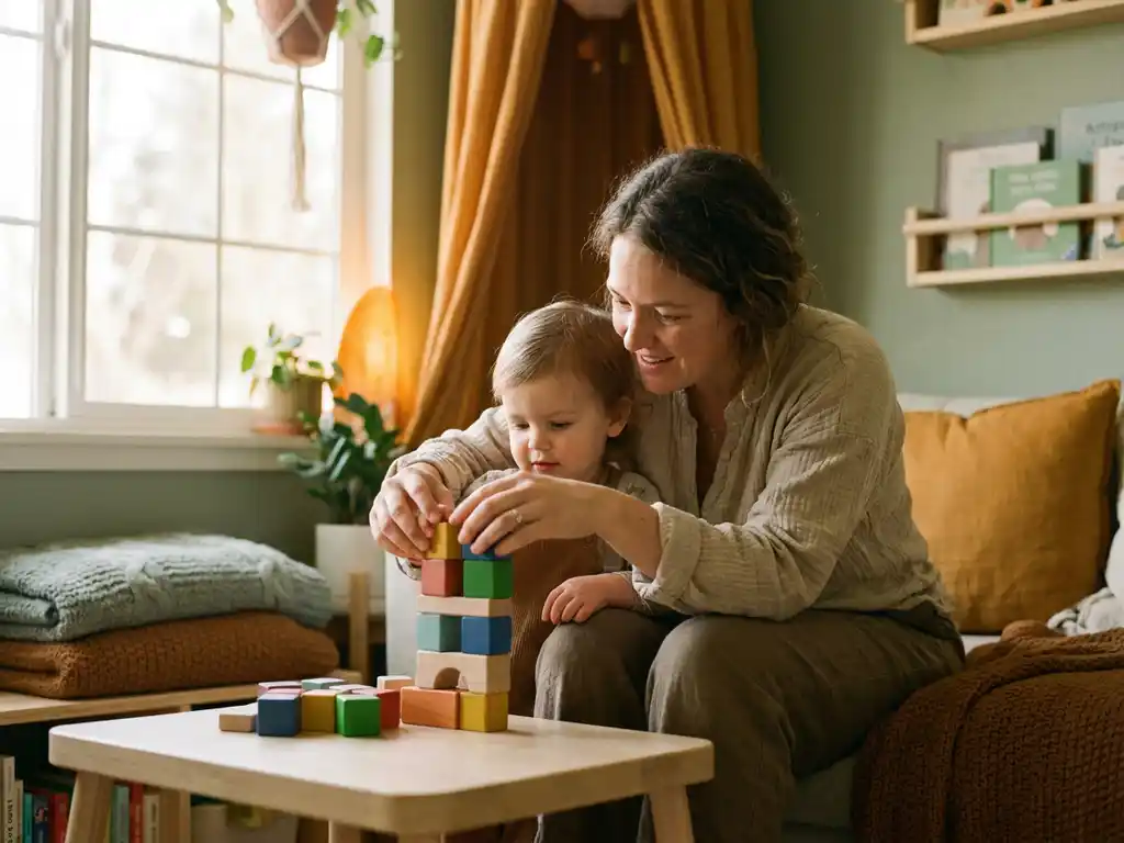 Volwassene begeleidt kind bij bouwen met kleurrijke blokken aan een houten tafel in een warme, lichte kamer.
