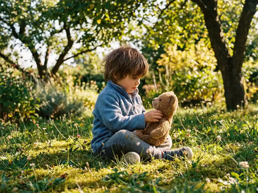 Kind met autisme zit gekruisbeens op gras en knuffelt een versleten pluchen speeltje in een rustige, zonnige tuin.