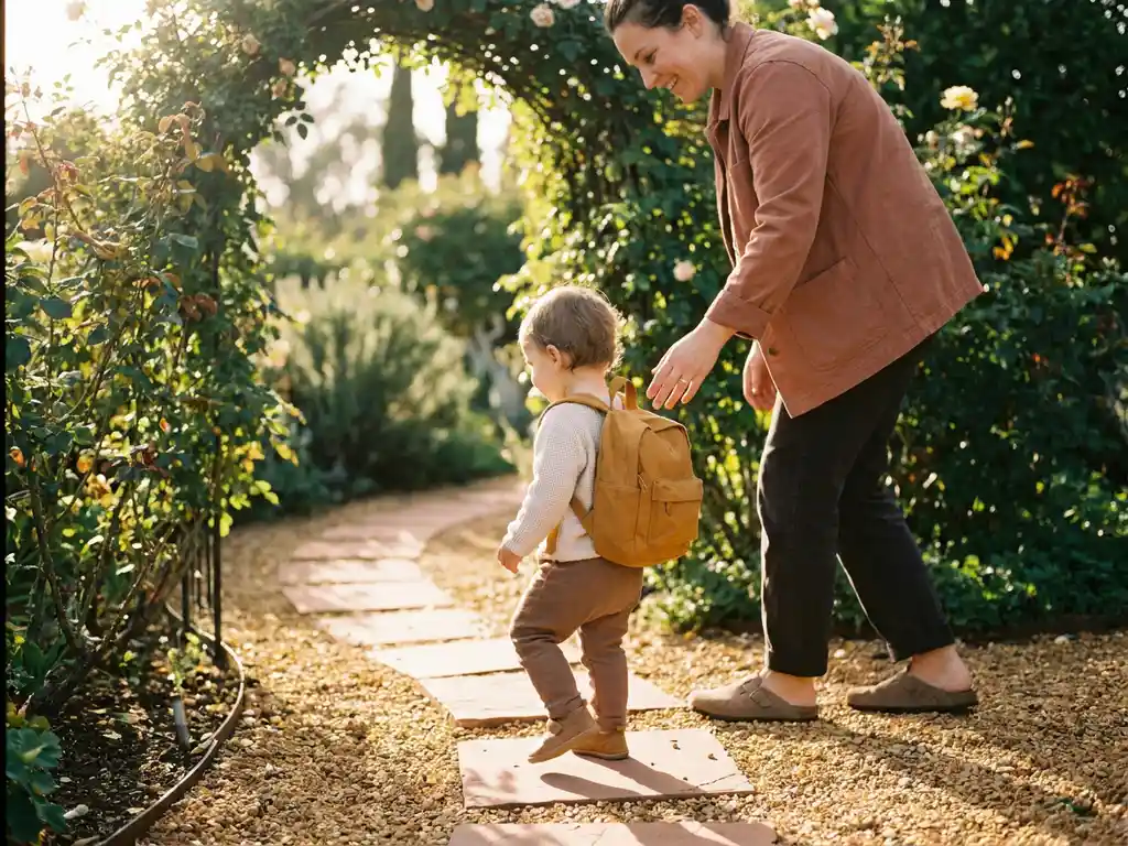 Jong kind met rugzakje loopt zelfverzekerd op een zonnig tuinpad, begeleid door een zorgzame ondersteuner in warm middaglicht.