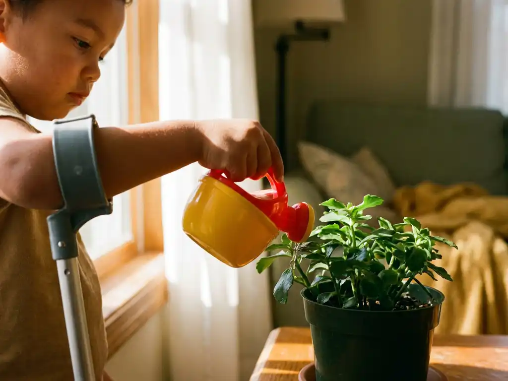 Kind met lichamelijke beperking dat zelfstandig een potplant water geeft op een zonnig vensterbank, met een kleurrijke gieter in handen.