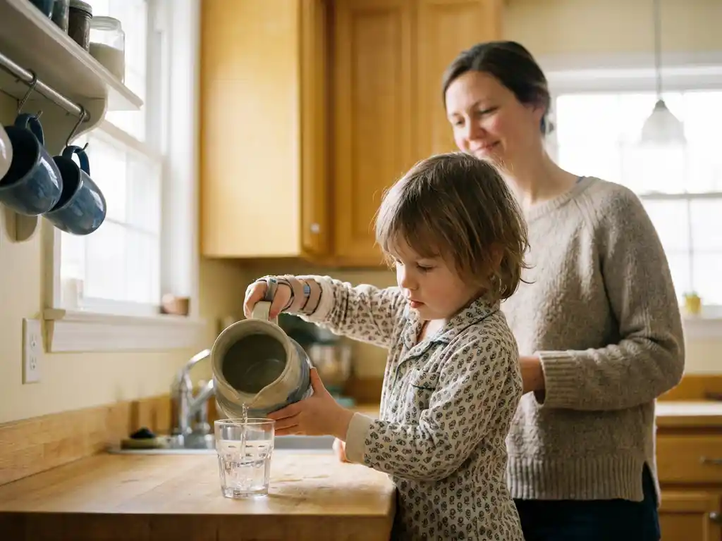 Kind met lichamelijke beperking giet zelfstandig water in een glas aan een zonnige keukentafel, met geconcentreerde vastberadenheid.
