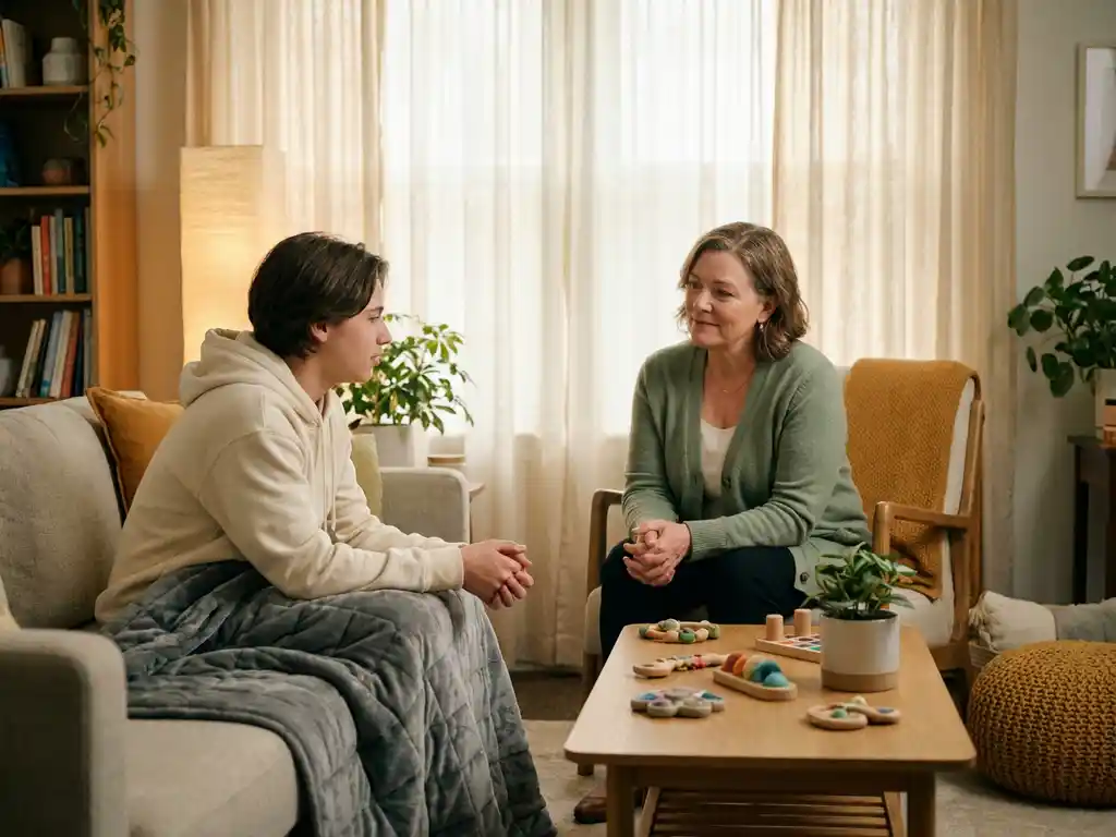 Therapeut en jongere in rustige therapiekamer met gewichtsdeken, fidgettools en warm indirect licht.