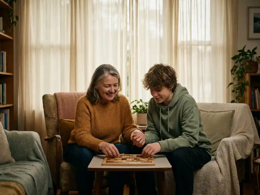 Volwassen begeleider en jongere delen een rustig moment van verbinding in een gezellige woonkamer met zacht natuurlijk licht.