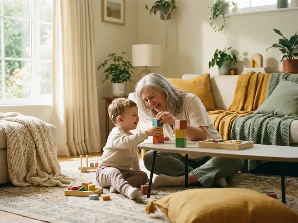 Verzorger en kind met een beperking spelen samen op de vloer in een warme woonkamer, verbonden door oogcontact en vertrouwen.