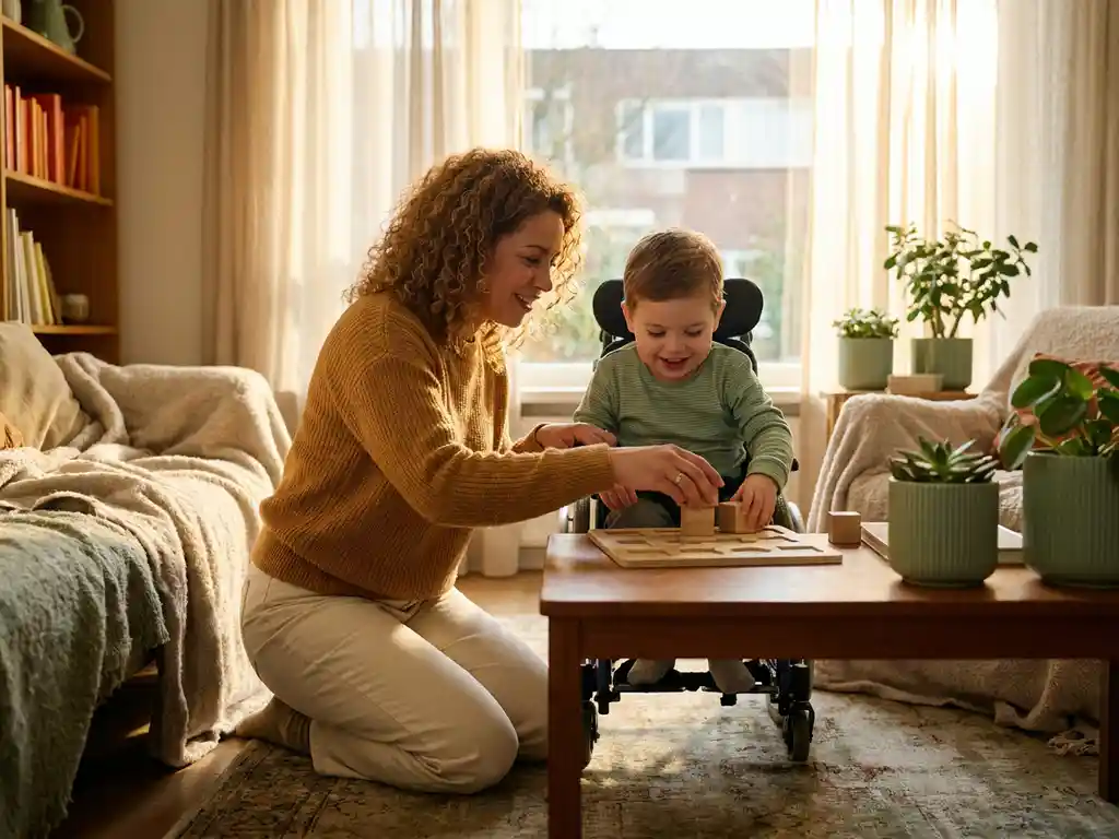 Verzorger knielt naast kind met beperking in woonkamer, begeleidt activiteit met zachte aanraking in warm natuurlijk licht.