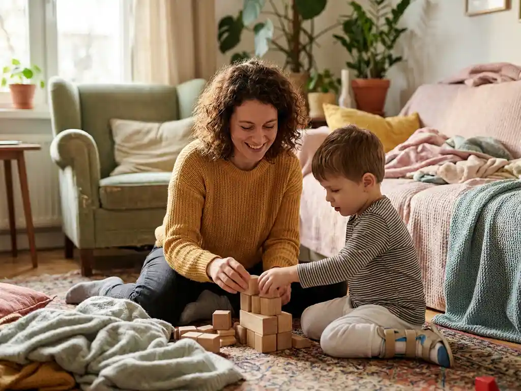 Verzorger knielt naast kind met lichamelijke beperking in woonkamer, samen bezig met activiteit in warm, natuurlijk licht.