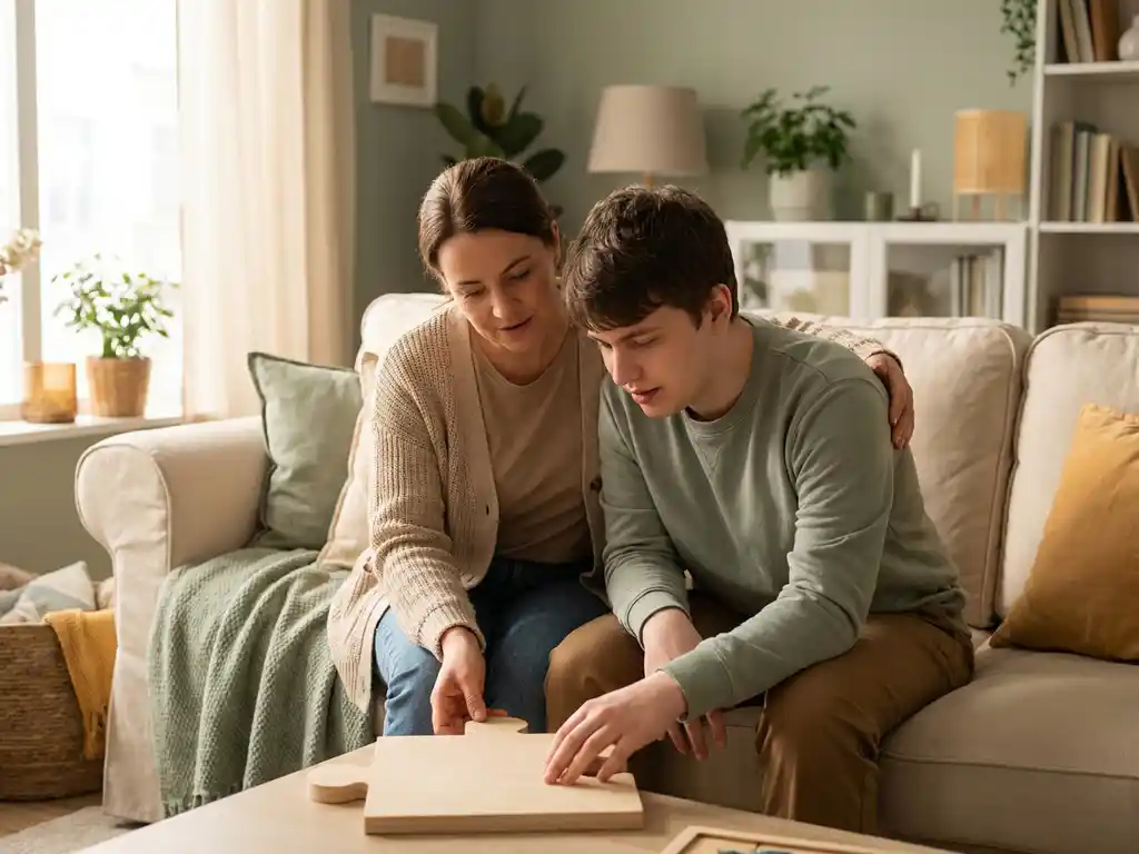 Begeleider en jongvolwassene met autisme werken samen aan een puzzel in een rustige woonkamer, verbonden door vertrouwen en nabijheid.