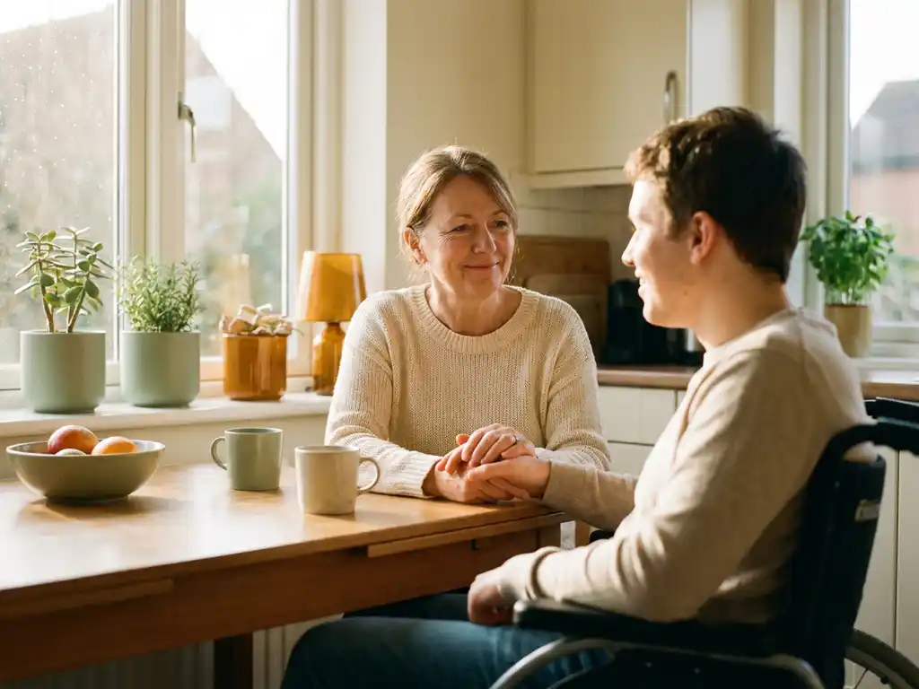 Zorgverlener en jongere met een beperking aan een zonnige keukentafel in een rustig, persoonlijk moment van verbinding.