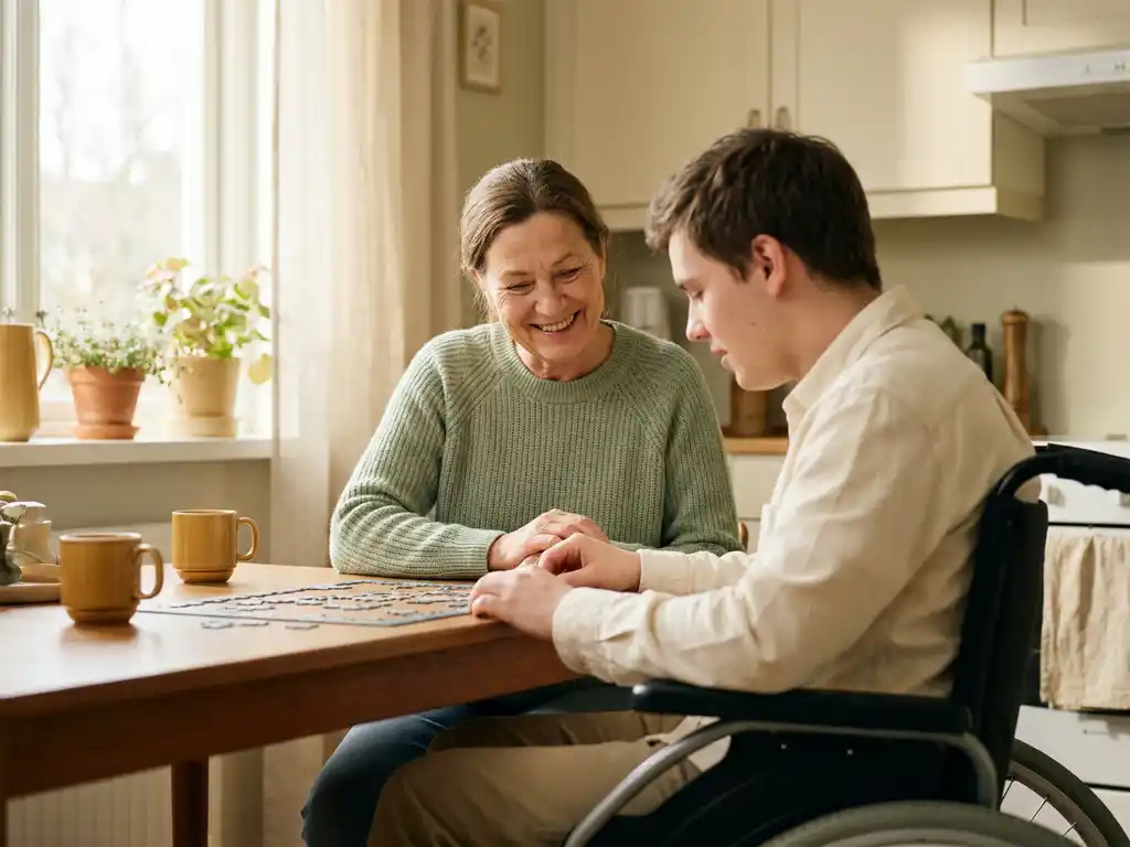 Verzorger en jongere met een beperking delen een rustig moment aan een zonnige keukentafel in een warme thuisomgeving.