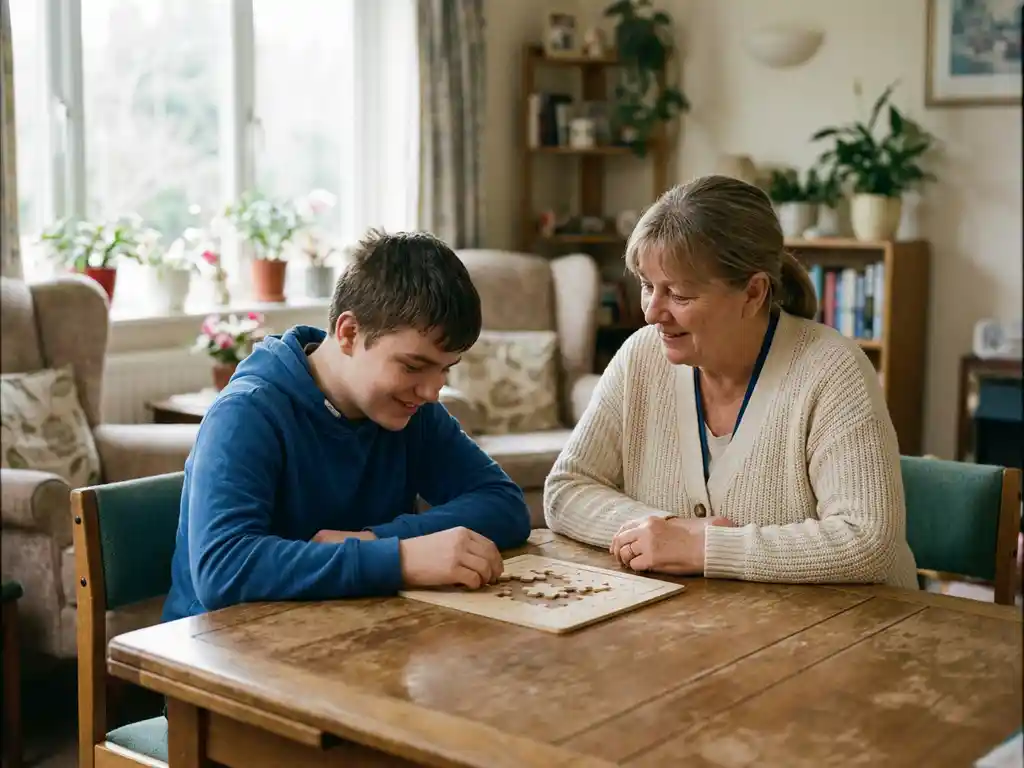 Zorgmedewerker en jongere werken samen aan een puzzel in een huiselijke woonzorgomgeving met zachte natuurlijke belichting.