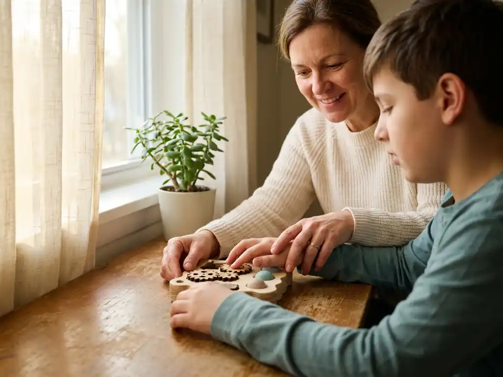 Begeleider en jongere aan houten tafel met fidget-object, warme zachte belichting en tinten crème en blauwgroen.