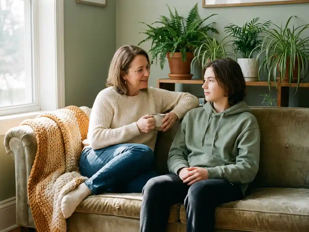 Zorgzame volwassene in gesprek met jongere op zonnige bank, omringd door kamerplanten en zachte gebreide deken.