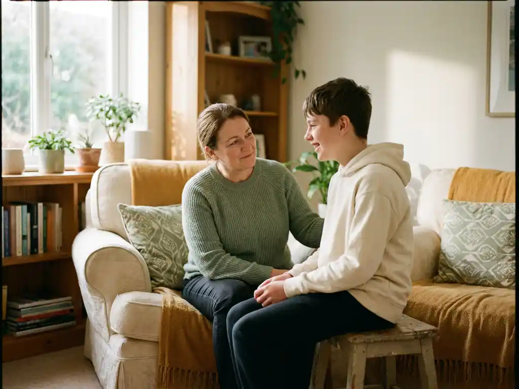 Zorgzame volwassene en jongere in rustig gesprek op een gezellige bank, zacht natuurlijk licht, warme huiselijke sfeer.