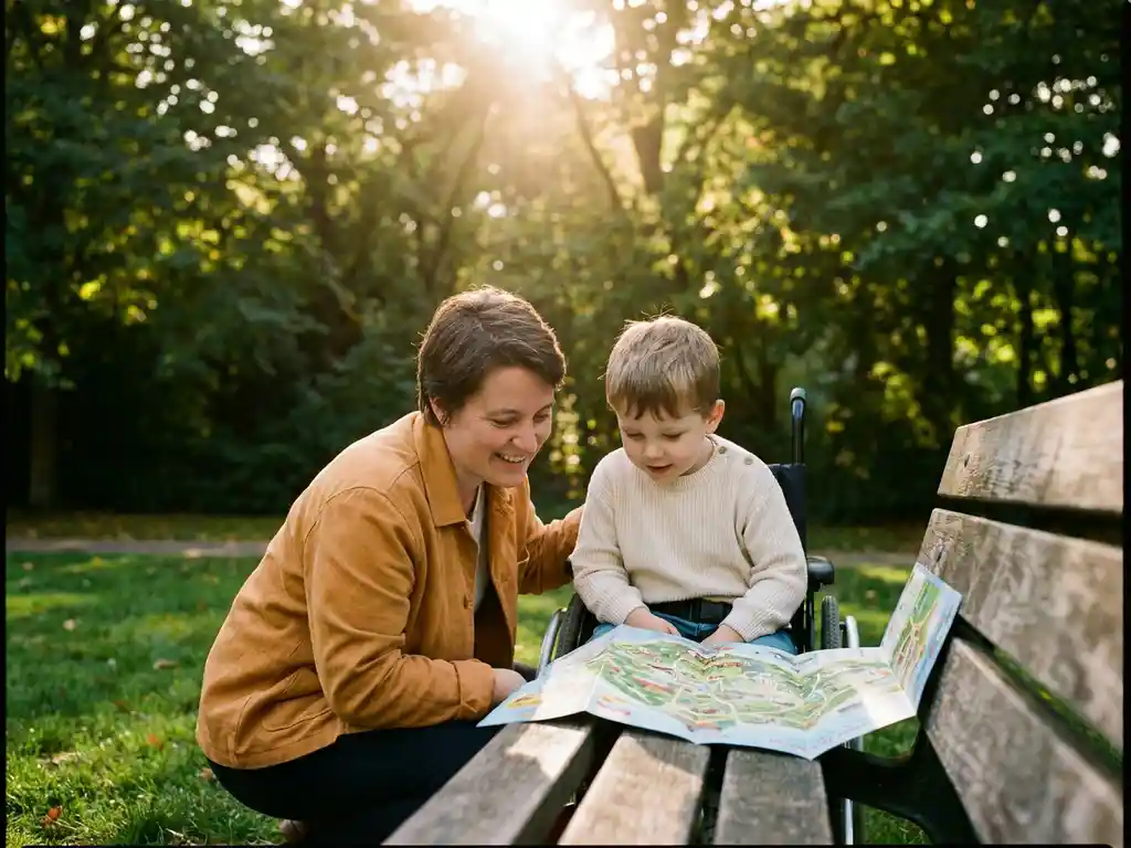 Volwassene knielt naast kind met beperking in zonnig park, kleurrijke plattegrond op houten bank, warme middagsfeer.